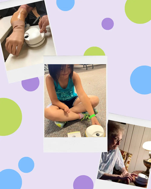 THE POD adaptive nail clipper base by ClipDifferent shown in three colors with lifestyle photos demonstrating one-handed operation for child independence, caregiver assistance, and seated use.