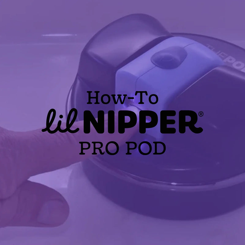 How-to guide cover for lil NIPPER PRO POD electric nail clipper with purple gradient background showing the white adaptive base device