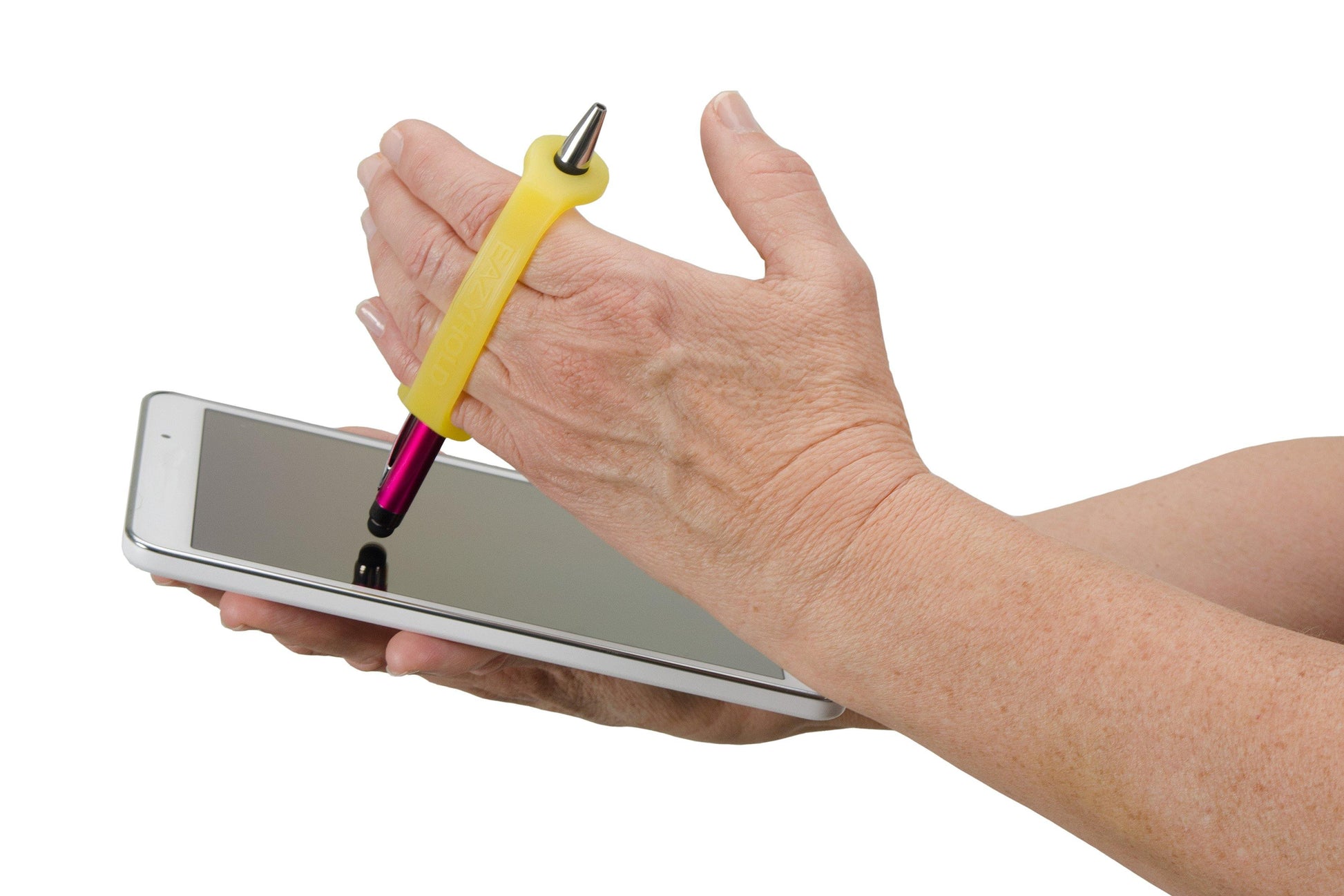 Hand using a yellow EazyHold grip tool and stylus to use an iPad on a white background.