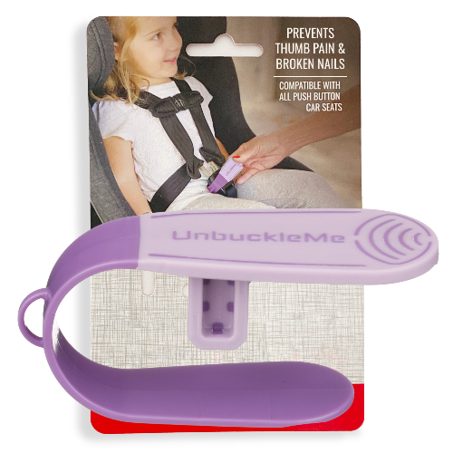 Purple 'UnbuckleMe' car seat safety device on packaging with child in car seat background