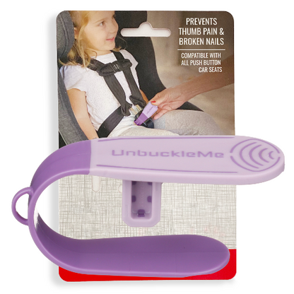 Purple 'UnbuckleMe' car seat safety device on packaging with child in car seat background