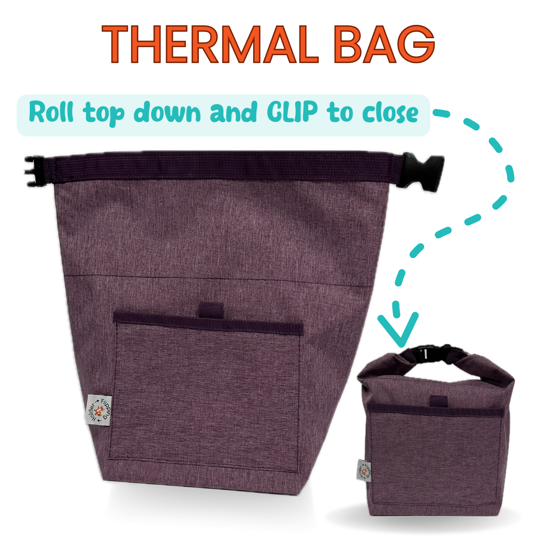 Purple thermal bag with roll top and clip closure feature on a white background