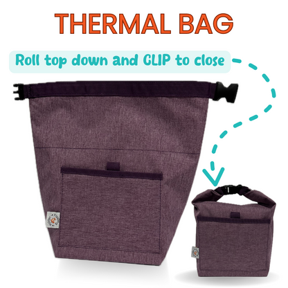 Purple thermal bag with roll top and clip closure feature on a white background