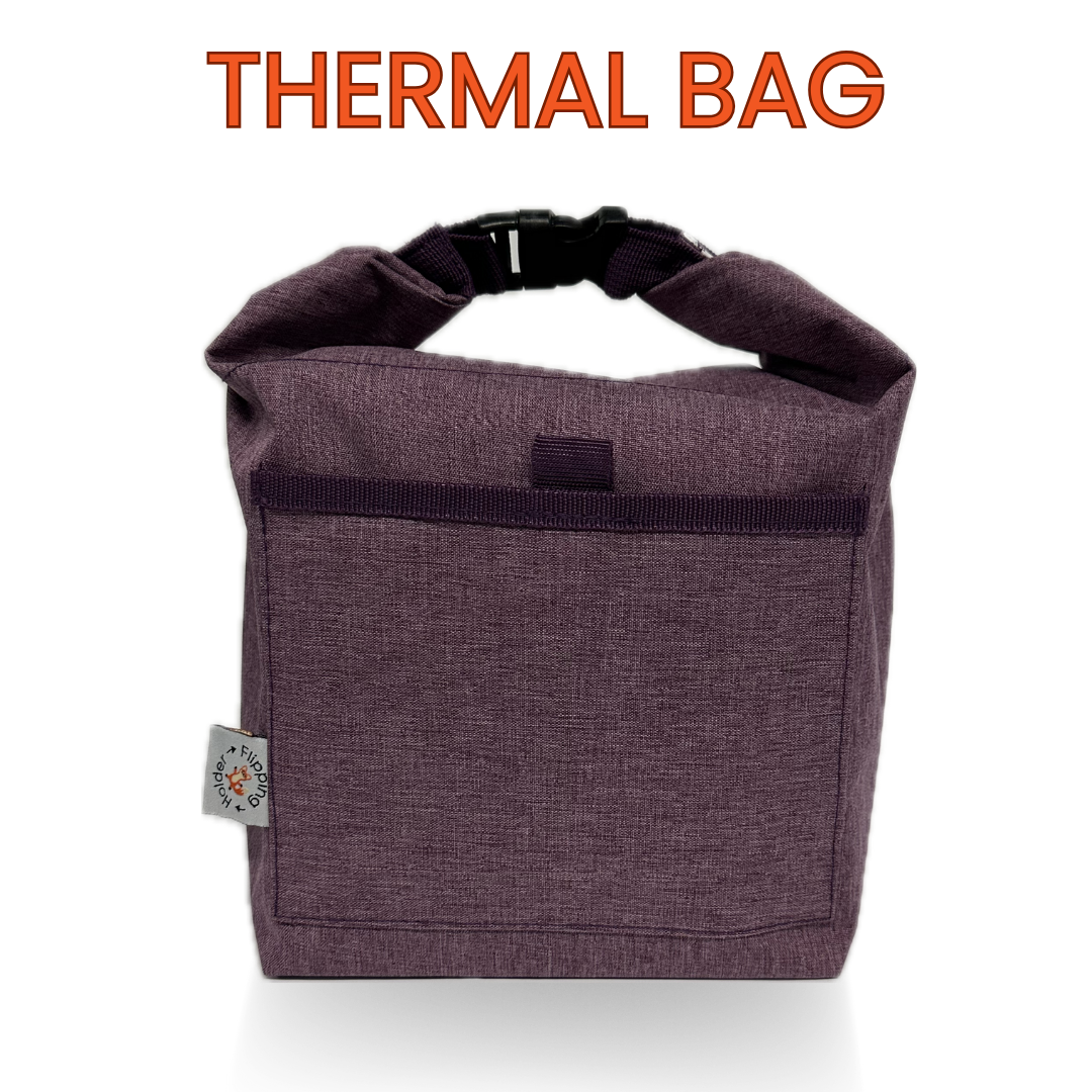 Purple thermal bag with a visible brand tag on a white background