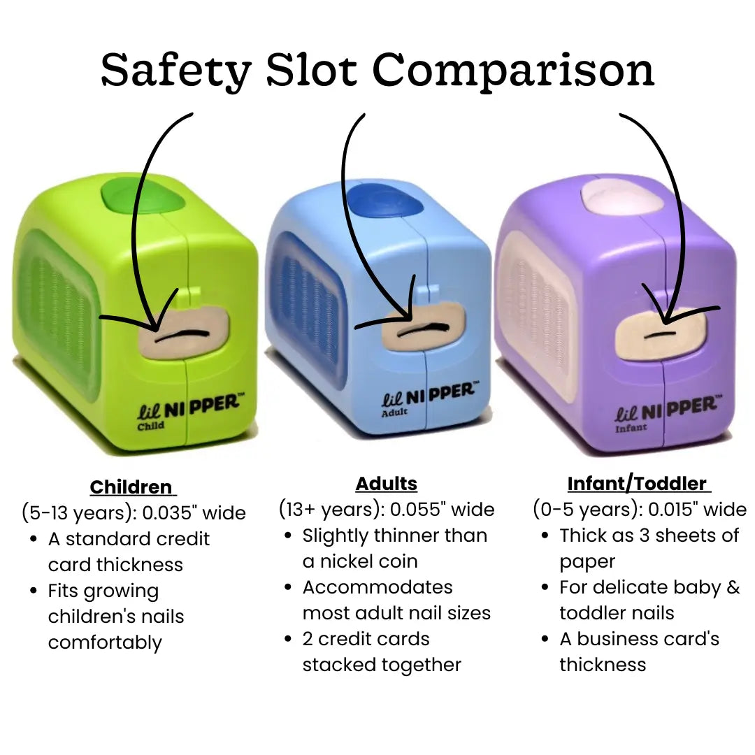 Three auto nail clippers labeled for children, adults, and infants/toddlers with safety slot comparisons. Comparison showing infant 0.015 inch, child 0.035 inch, and adult 0.055 inch width specifications.