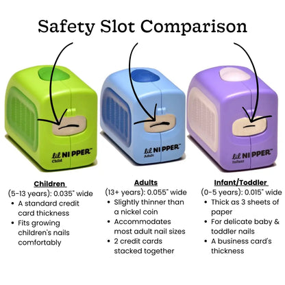 Three auto nail clippers labeled for children, adults, and infants/toddlers with safety slot comparisons. Comparison showing infant 0.015 inch, child 0.035 inch, and adult 0.055 inch width specifications.