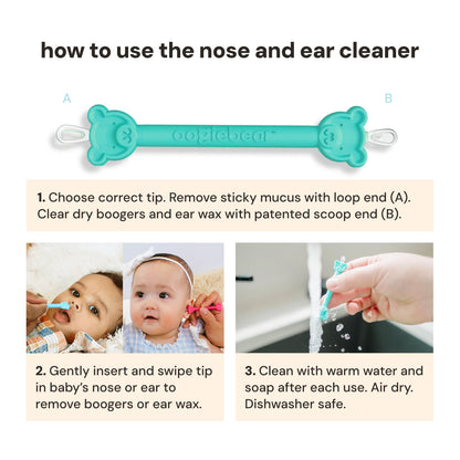 Instructional diagram on how to use oogiebear booger picker nose and ear cleaner with images of a baby and a hand holding the device.