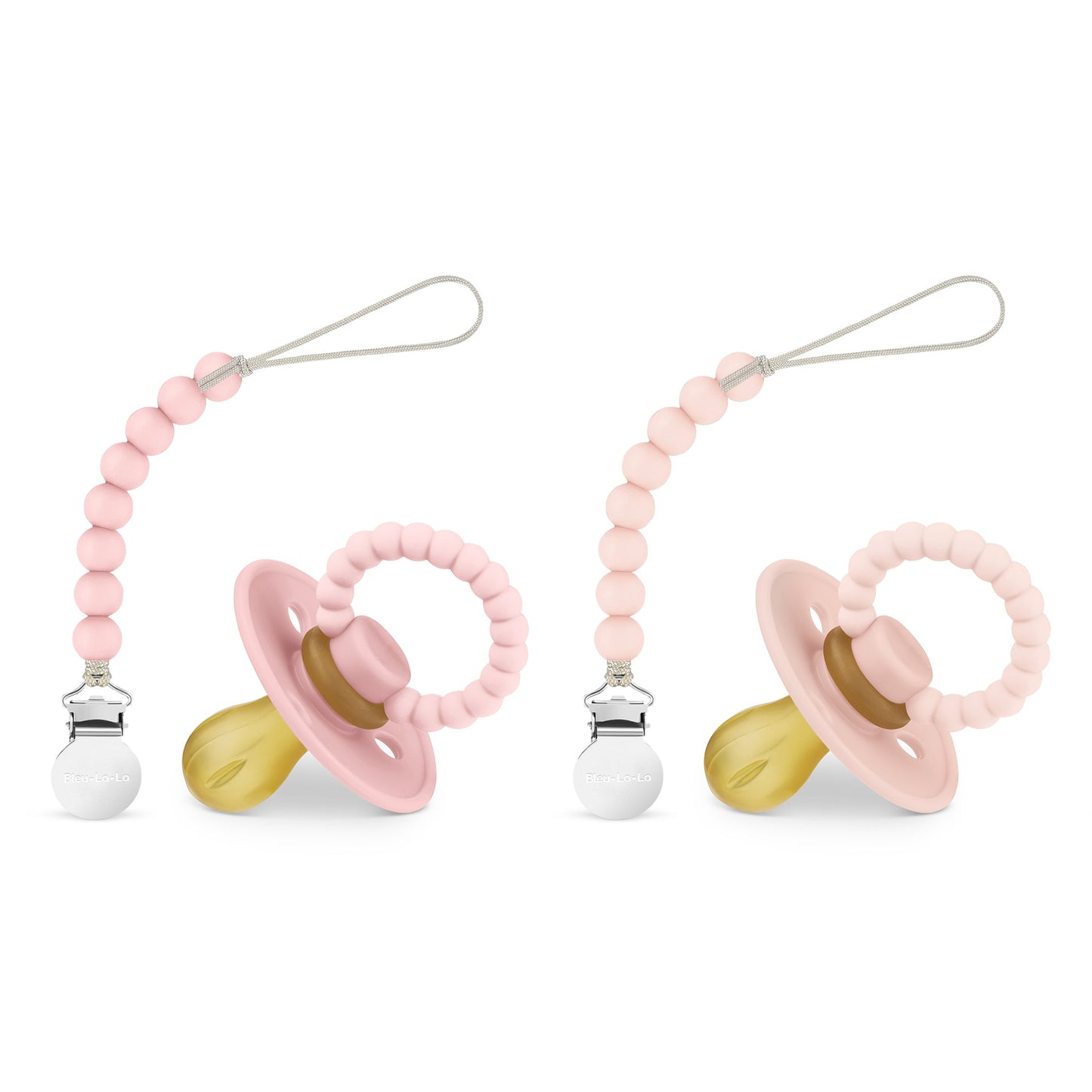 Luladream pacifier and clip set with two teething pacifiers and matching clips on a white background