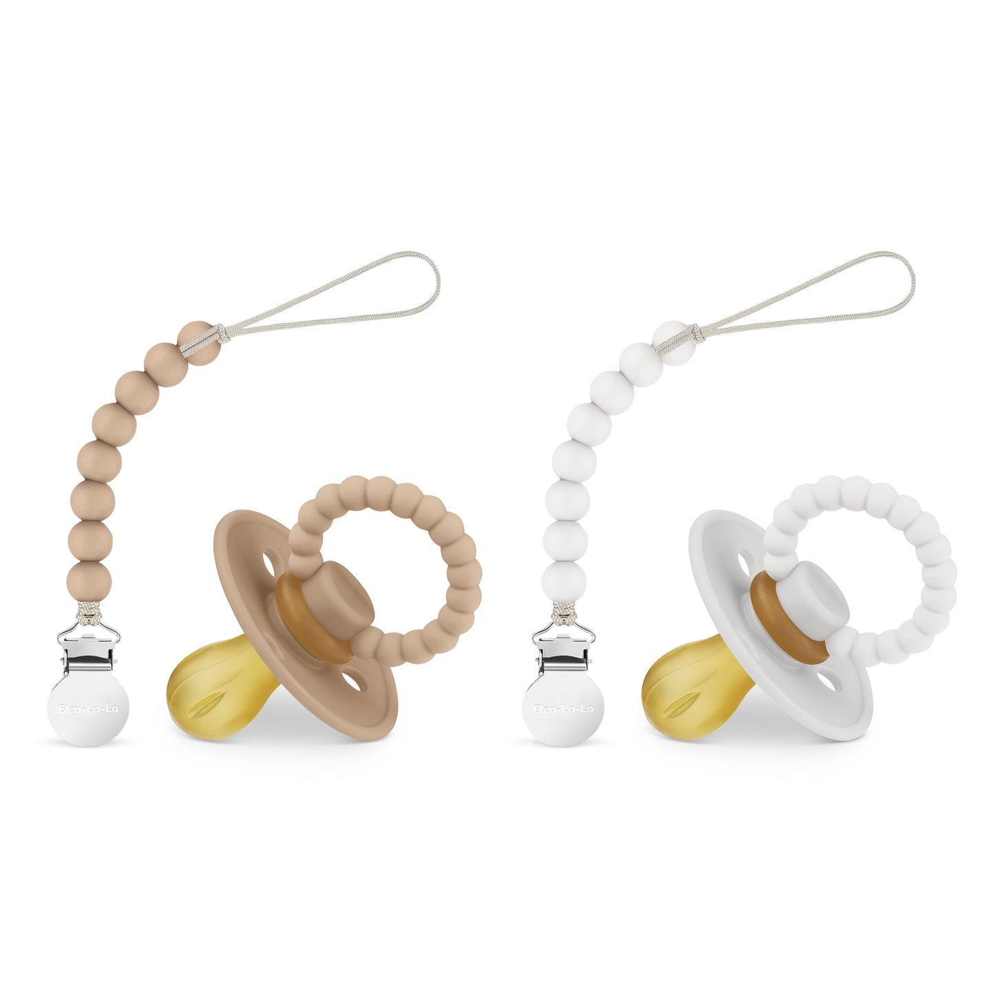 Two baby Luladream pacifiers with on a white background