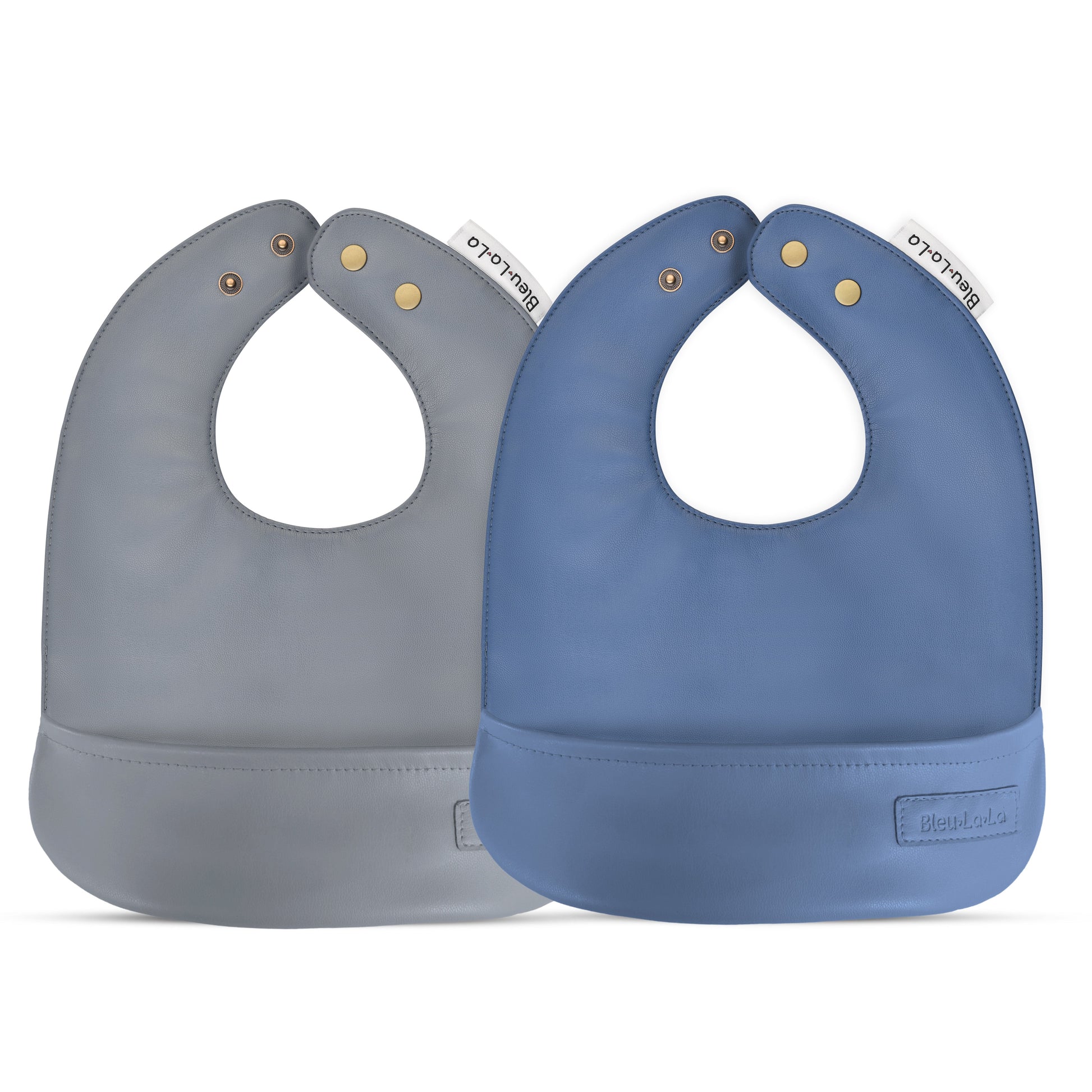 Classic set of soft vegan leather easy clean baby bibs with adjustable snaps one gray and one blue, on a white background.