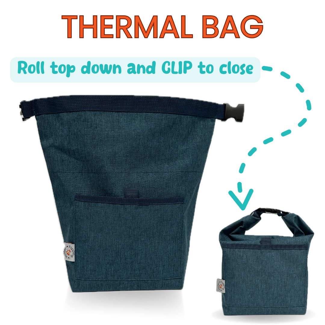 Blue thermal bag with roll top closure feature on a white background