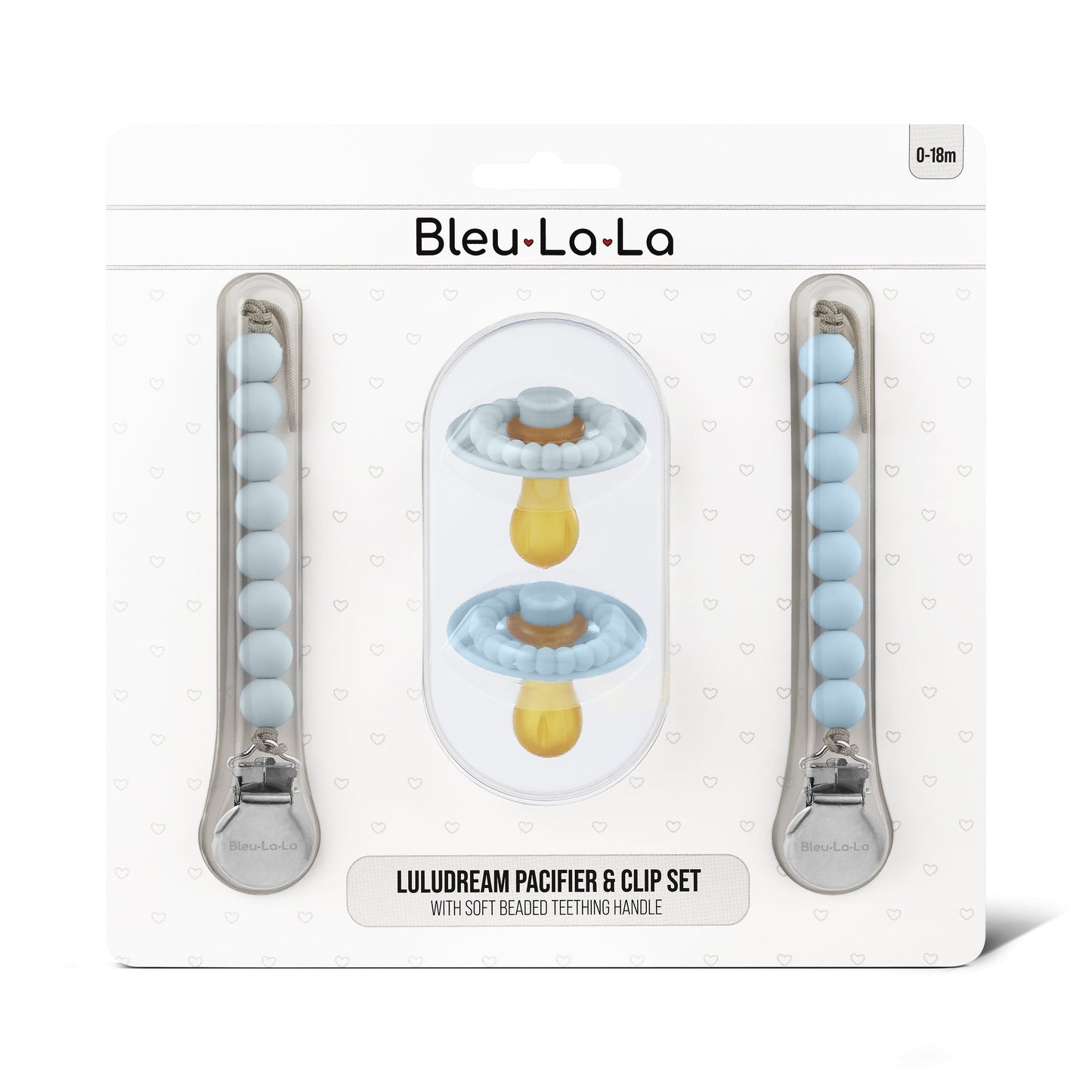 Bleu-La-La Luludream pacifier and clip set packaging on a white background