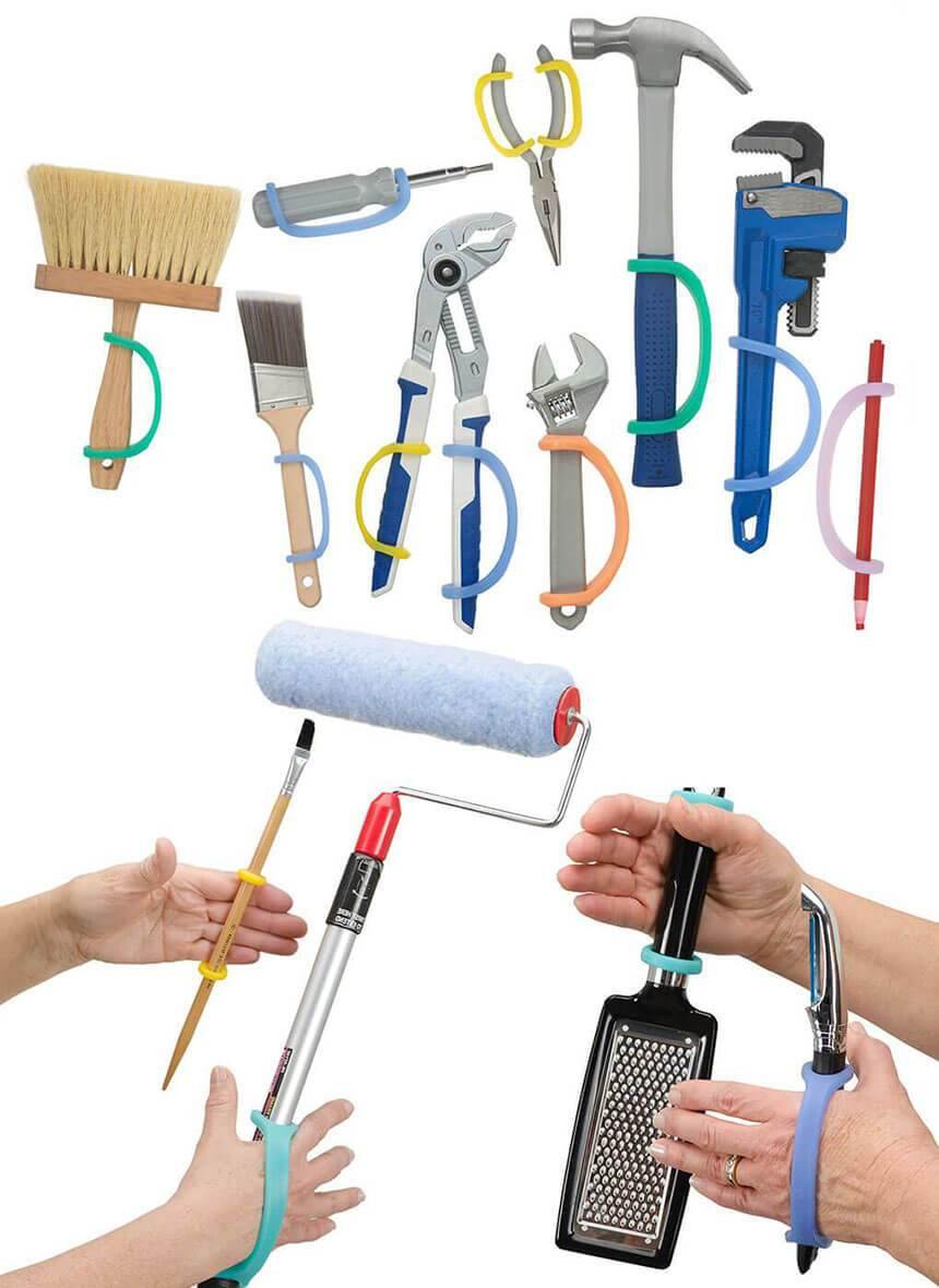 Set of variety of tools with EazyHold colorful grips in various sizes held by hands on a white background. 