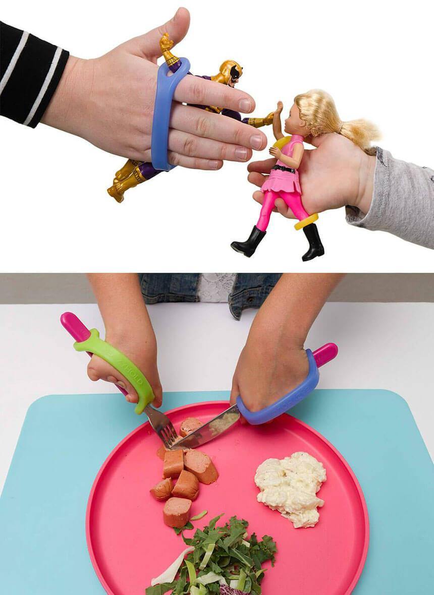 Children's toys, utensils, dolls and a plate of food with hands using EazyHold grip tools.