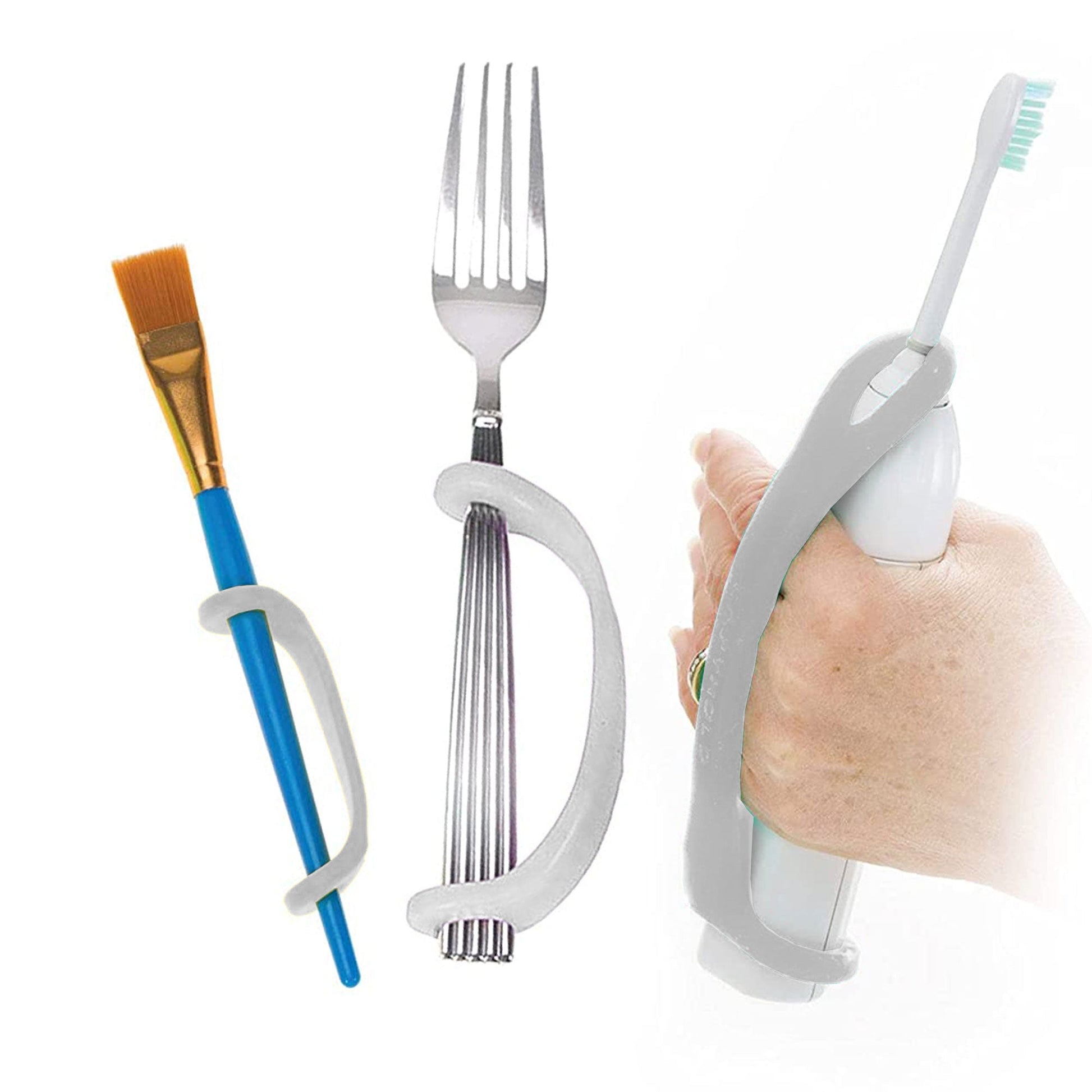 Grey EaZyHold grip handles attached to a fork, paintbrush, and toothbrush on a white background.