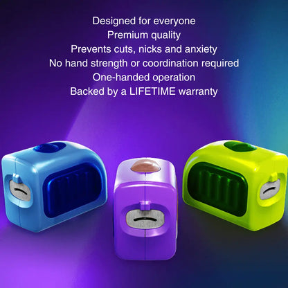 Three Lil Nipper electric nail clippers in blue, green, and purple colors with a lifetime warranty slide, emphasizing ease of use and safety features. Copy says Why Lil Nippers? Designed for everyone, prevents cuts, nicks and anxiety. No hand strength or coordination required and backed by LIFETIME warranty.
