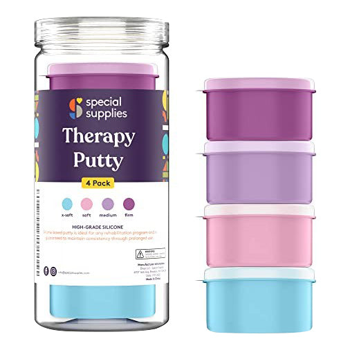 Set of therapy putty containers with a jar labeled 'Special Supplies Therapy Putty' on a white background. Shows variations of softness by color.