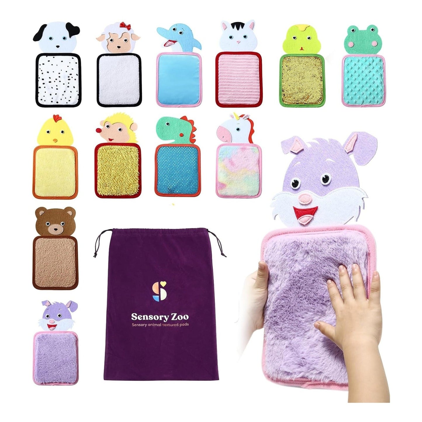 Special Supplies sensory zoo animal mats 10-piece set with multiple textures for tactile stimulation, a purple drawstring bag with Sensory Zoo logo on a white background.