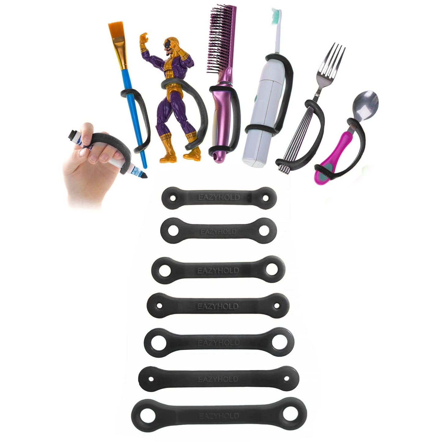 Black EazyHold grips with a variety of household items including a brush, fork, spoon, paint brush, marker, and toy figurine.