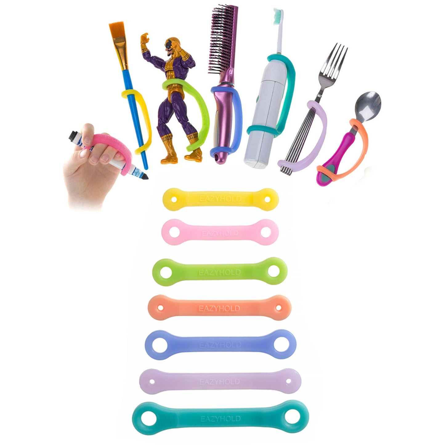 Colorful tool handles arranged around a toy figure on a white background